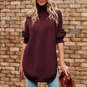 Maroon Preppy womens Turtleneck Raglan Sleeve Split Hem Sweater